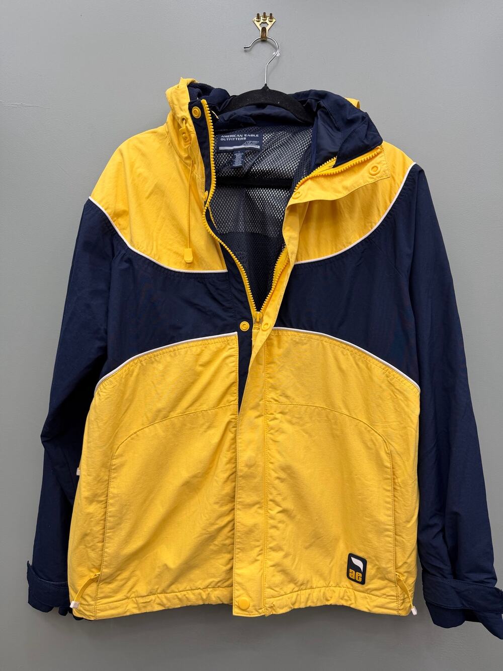 Vintage American Eagle AE77 Jacket Large Y2K Colorblock Yellow Navy Hooded